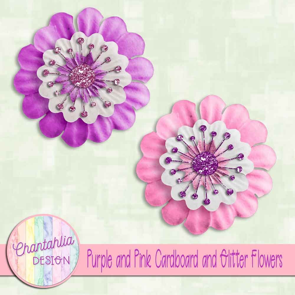 Free Purple and Pink Glitter and Cardboard Flowers for Digital